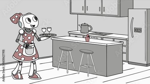 Robot maid serving wine in kitchen cartoon illustration vector art and design for digital use online now