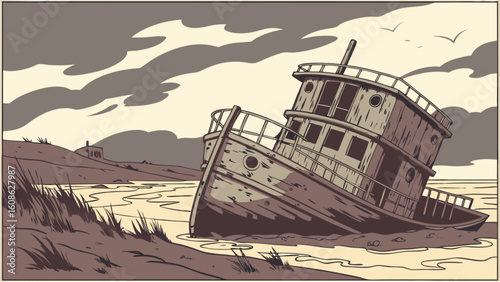 Old shipwreck illustration stranded on the beach with cloudy sky and distant house drawing design