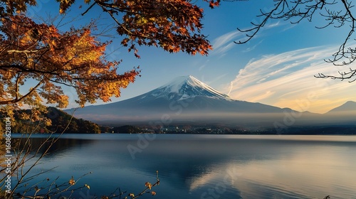 Iconic view of Mount Fuji, Japan's highest peak with a snow-capped conical summit, surrounded by cherry blossoms in spring, vibrant autumn foliage, and the serene waters of Lake Kawaguchi reflecting i