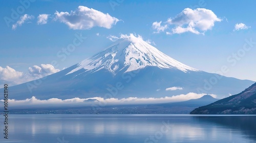 Iconic view of Mount Fuji, Japan's highest peak with a snow-capped conical summit, surrounded by cherry blossoms in spring, vibrant autumn foliage, and the serene waters of Lake Kawaguchi reflecting i