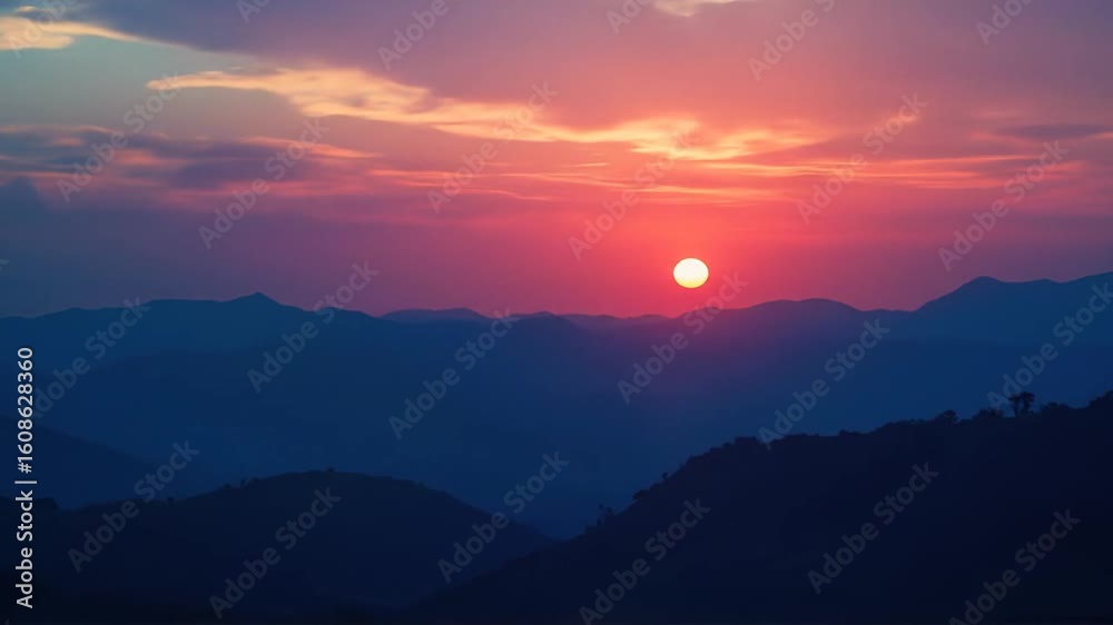 Watching Mountain Ranges at Sunset with Orange Sky