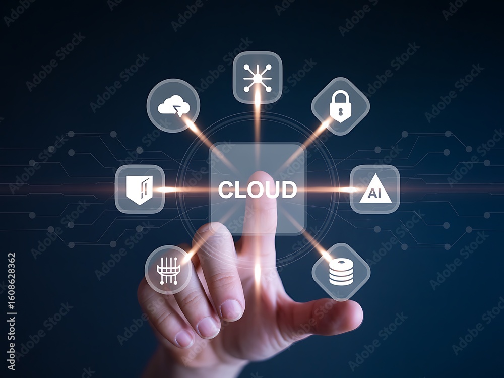 Hand touching cloud computing interface with digital icons technology Hand touching cloud computing interface with digital icons technology
