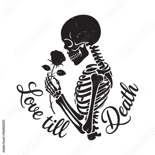 Skeleton with rose and love till death inscription design