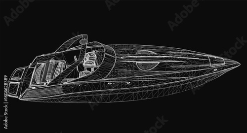 A sleek speedboat wireframe illustration in black and white, showcasing detailed curves and aerodynamic lines. The minimalist design highlights the boat's structure against a dark background.