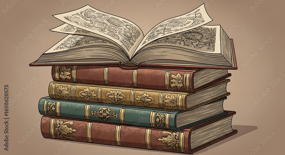 Obraz premium A vintage stack of classic books with ornate details for a literary theme illustration