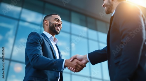 Fototapeta Naklejka Na Ścianę i Meble -  Professional handshake between two men in a modern business setting.