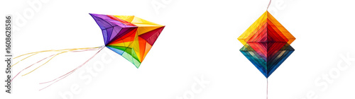 Colorful diamond-shaped kite flying with a string attached. Vibrant rainbow hues create an eye-catching outdoor activity scene isolated