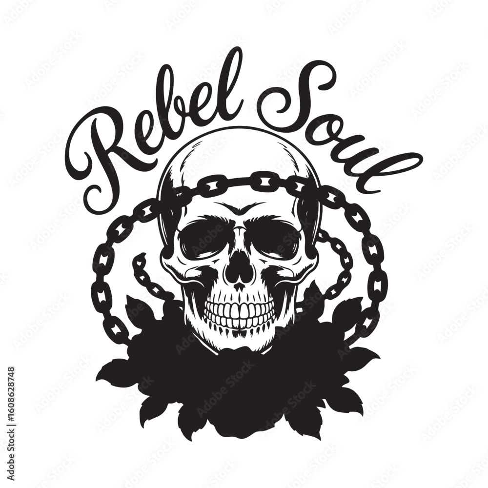 Obraz premium Rebel Soul Skull with Chain and Roses Illustration