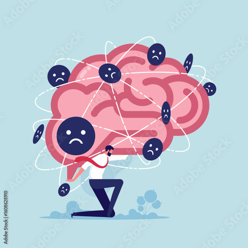 Unhappy distressed male employee struggle with boulder burden, overwhelmed with job, exhausted businessman carrying heavy brain with bad emotion on his back