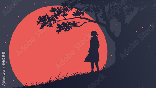 Silhouette woman under tree with red moon vector art illustration landscape nature background design graphic