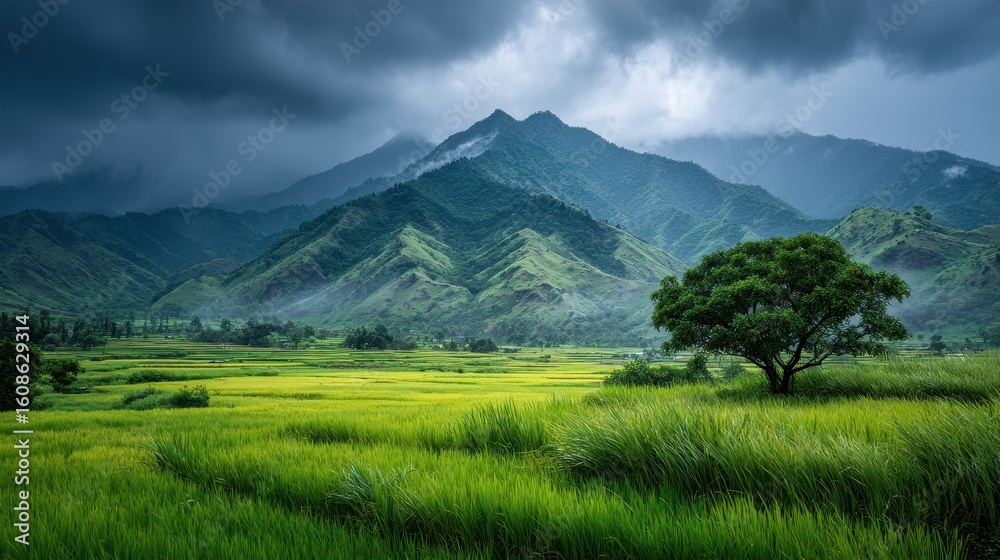 Fototapeta premium Lush Green Valley and Mountain Landscape under Dark Sky