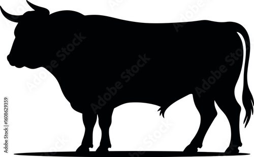 A silhouette of a bull standing on a white background with its tail hanging down and horns visible