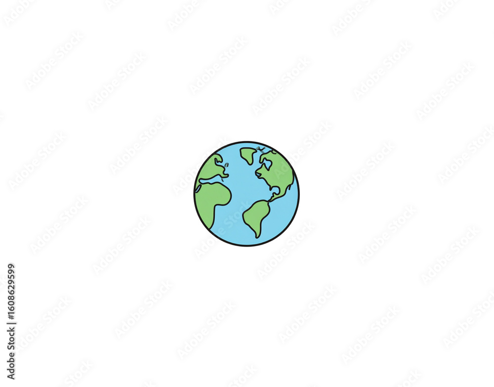 Fototapeta premium Stylized cartoon planet Earth illustration with green continents and blue oceans featuring a bold black outline.