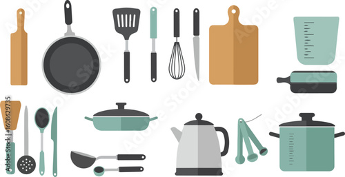 A diverse set of essential kitchen utensils and cooking equipment. The concept of meal preparation and culinary arts shown with various tools in a flat vector style.