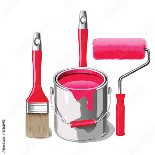 Realistic Paint Can with Pink Paint, Brush, and Roller vector