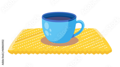 Illustration of blue coffee cup with dark liquid on yellow mat for cozy morning beverage scene design