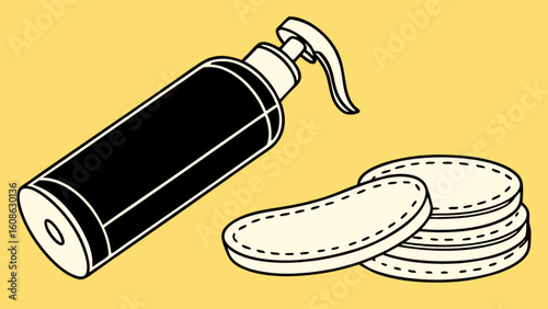 Skin care routine essentials: cleanser bottle and reusable cotton pads for makeup removal and skincare application