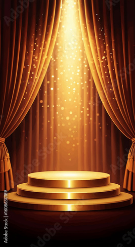 A spotlight shines on a golden Podium, surrounded by elegant red curtains, creating a dramatic theatrical setting.