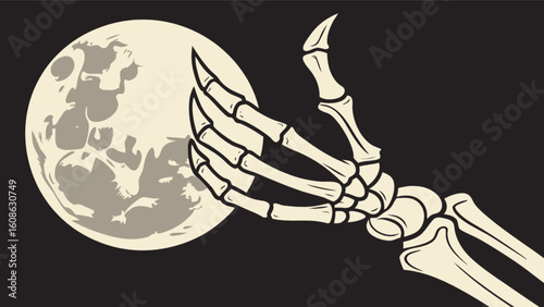 Skeleton hand reaching for moon halloween spooky night full moon bones creepy horror vector illustration