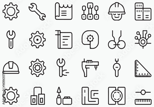 Engineering tools and equipment icons gear wrench