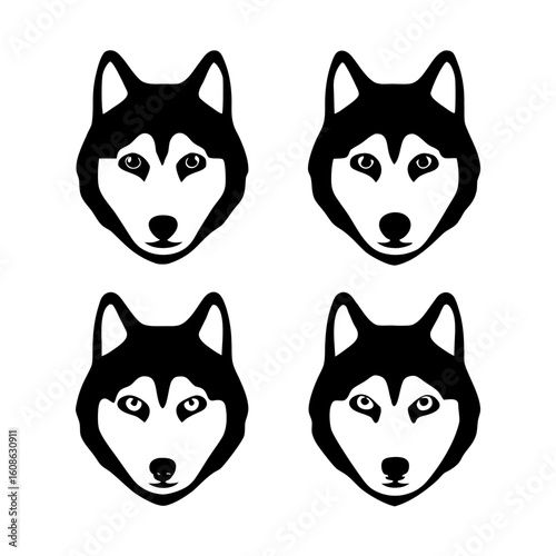 Four stylized black and white husky dog faces in a symmetrical pattern silhouette isolated on white background