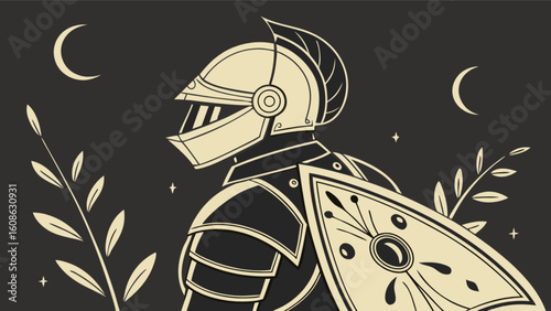 Medieval knight in shining armor illustration with shield and moon fantasy art concept design