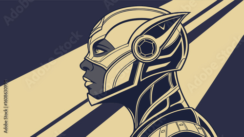 Vector art of superhero character design with helmet and costume for comic book illustration style art