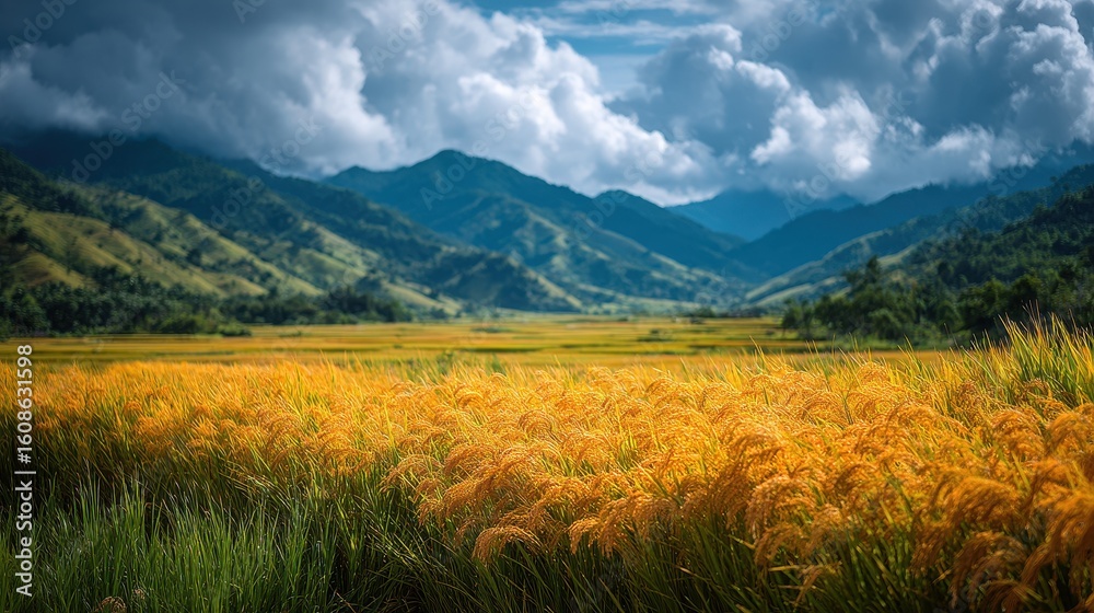 Obraz premium Golden Rice Field Landscape with Mountains and Clouds