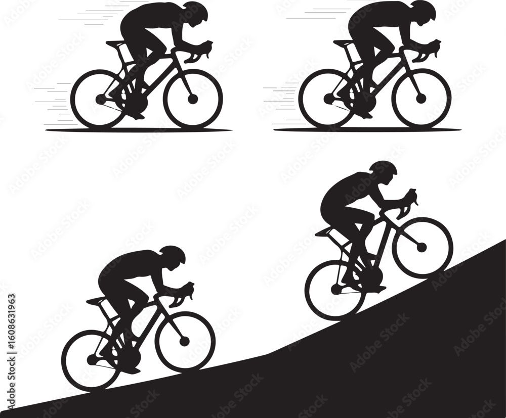 Obraz premium Cyclist Silhouette Vector Set Road Bike Rider Poses in Action and Motion