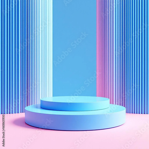 3D render featuring a blue and pink gradient background with a round podium in the center.