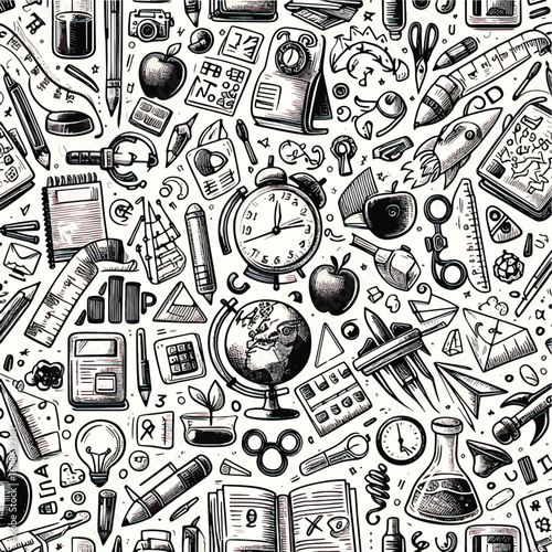 seamless pattern with hand drawn icons stationery and education