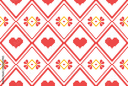 Bright and cheerful pixel pattern with red hearts and floral motifs in yellow and white diamonds. Perfect for Valentine’s crafts, children’s fabric, embroidery, and gift wrap design.