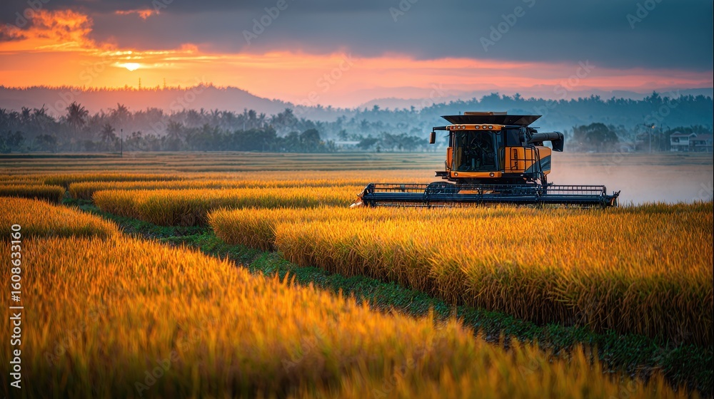 Fototapeta premium Combine Harvester in Rice Field at Sunset