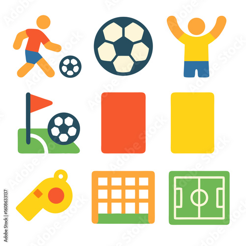 Flat Soccer Icon Set – Ball, Player, Goal, Stadium, and Trophy Vector Illustration