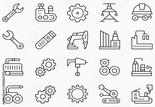 Industrial machinery and tools line art wrench gear