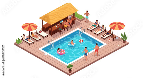 Adobe Illustrator artwork 3D isometric view of a resort swimming pool area with people swimming, lounging on deck chairs under umbrellas, and enjoying drinks at the bar. Ideal for vacation and summer 