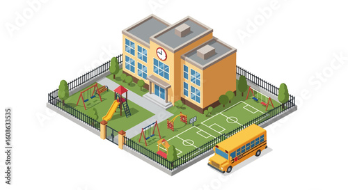 Adobe Illustrator artwork 3D isometric view of a school building with a playground, sports field, school bus, and surrounding greenery. Ideal for education and childhood themes