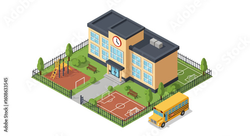 Adobe Illustrator artwork 3D isometric view of a school building with a playground, sports field, school bus, and surrounding greenery. Ideal for education and childhood themes