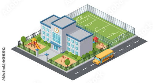 Adobe Illustrator artwork 3D isometric view of a school building with a playground, sports field, school bus, and surrounding greenery. Ideal for education and childhood themes