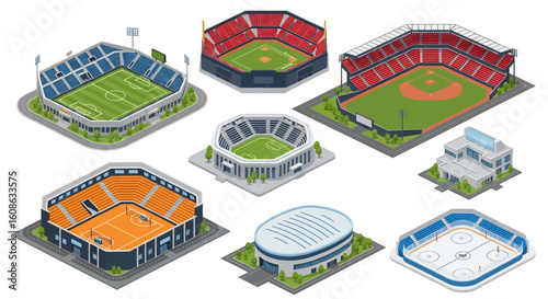 Adobe Illustrator artwork 3D isometric view set of various sports stadiums including soccer, baseball, football, basketball, swimming, and ice hockey arenas. Ideal for sports architecture themes