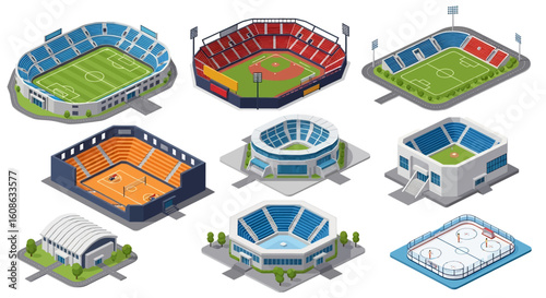 Adobe Illustrator artwork 3D isometric view set of various sports stadiums including soccer, baseball, football, basketball, swimming, and ice hockey arenas. Ideal for sports architecture themes