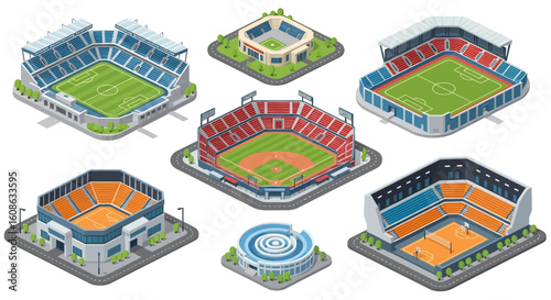Adobe Illustrator artwork 3D isometric view set of various sports stadiums including soccer, baseball, football, basketball, swimming, and ice hockey arenas. Ideal for sports architecture themes