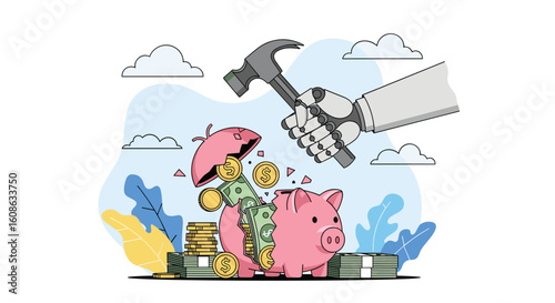 Robotic arm cracks piggy bank pouring coins and currency symbolizing financial growth and investment opportunities