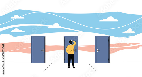 A person stands before three closed doors making a difficult decision about which path to choose in life or career