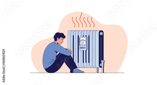 Man sitting near a radiator feeling cold with limited heat from the heating system during winter season