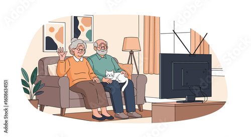 Elderly couple enjoying a relaxing evening together watching television with their beloved cat companionship