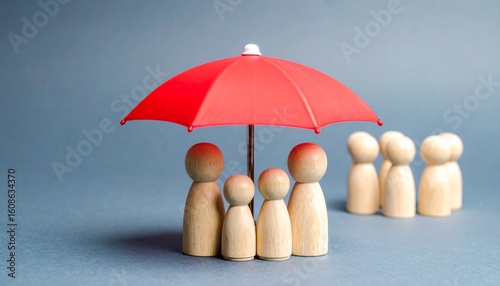 Group under umbrella with others outside showing protection and division