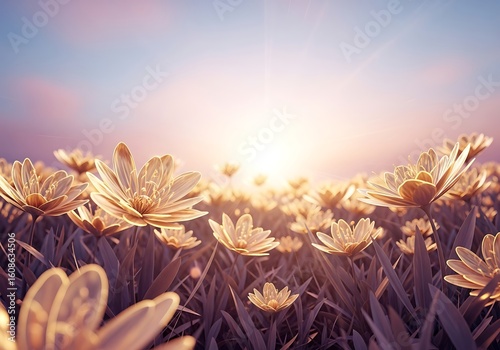 Dreamy Floral Landscape at Sunset: A Serene Scene of Flowers in Soft Light
