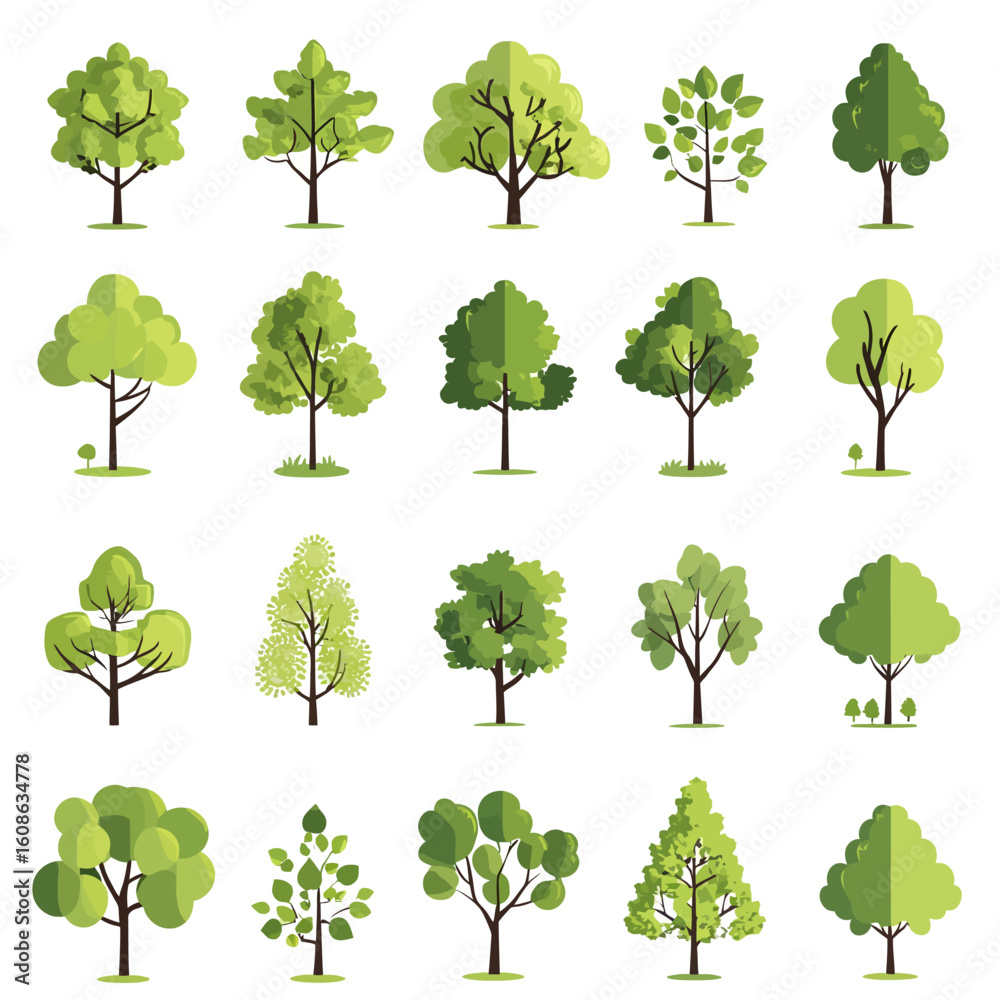 Fototapeta premium Big set of various green trees. Tree icons set in a modern flat style. Vector illustration