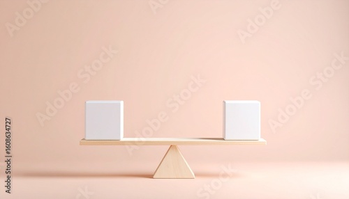 Balanced white cubes on seesaw platform with beige background—symbolizing symmetry and equilibrium